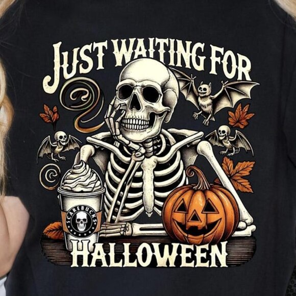 Just Waiting for Halloween Shirt – Funny Skeleton Pumpkin Retro Spooky Fall Tee - Picture 2 of 6
